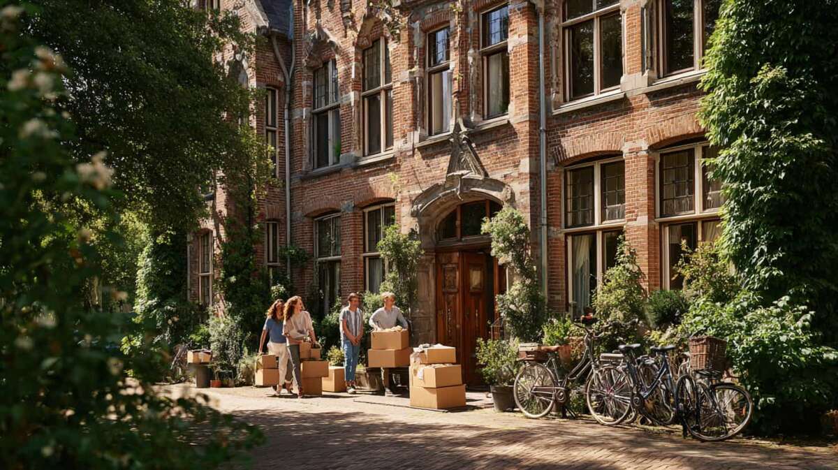 Nederlandse studenten verhuizen zomers naar klassiek grachtenpand, dozen en fietsen in handen.