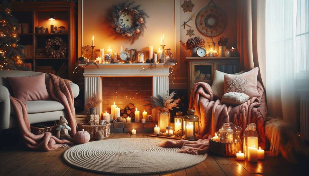 Warme woonkamer inspiratie voor de winter met kaarsen, vloerkleden, sierkussens en dekentjes.