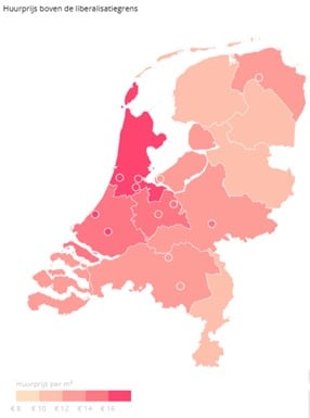 Een kaart van Nederland met legenda waar de gemiddelde huurprijs per vierkante meter per gemeente en stad wordt getoond.